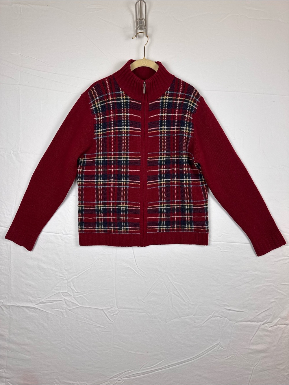 Eddie Bauer Vintage Lambswool Tartan Plaid Zip-up Y2K Preppy Cabin Cardigan L